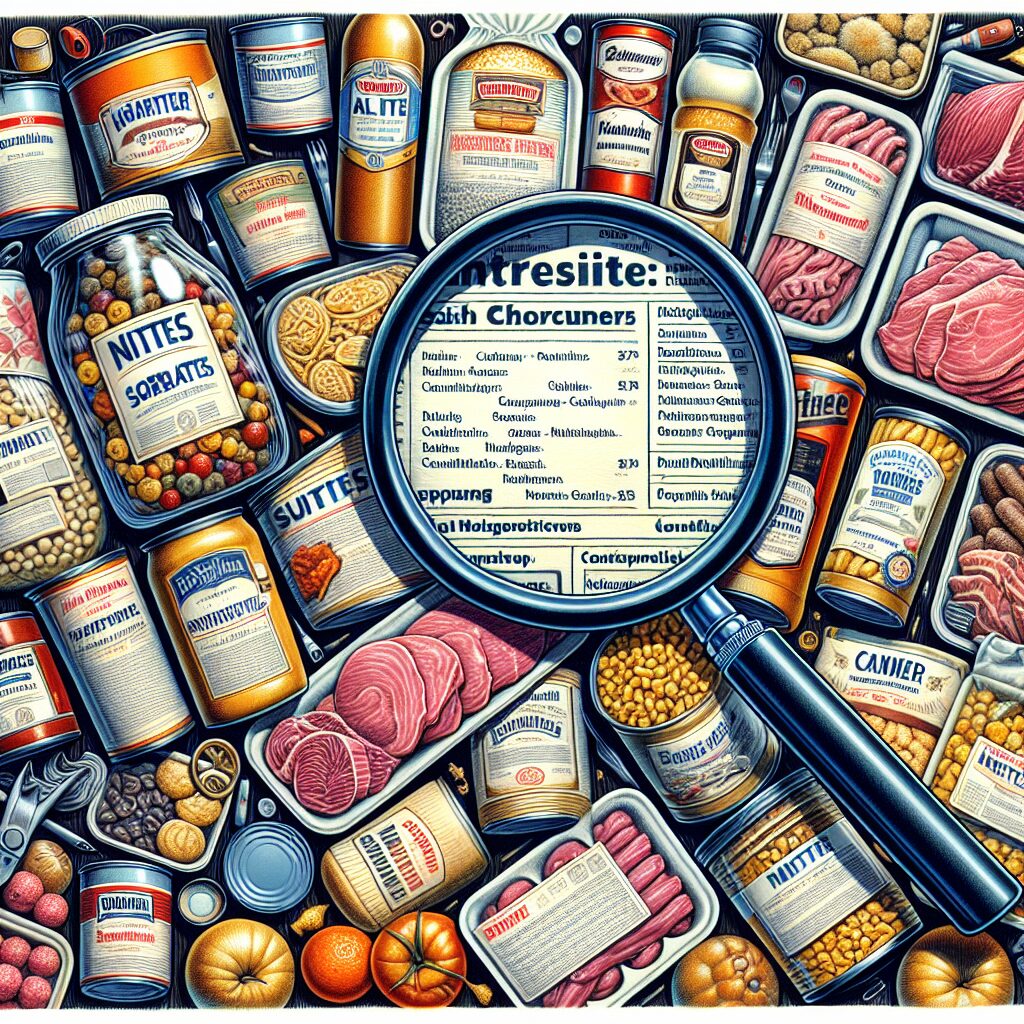 A detailed illustration of food products such as packaged meats, canned goods, and processed snacks, with a magnifying glass focusing on labels showing sulfites, nitrites, and sorbates, symbolizing health risks related to preservatives. The image should have a slightly ominous tone, using dark colors to highlight health concerns.