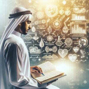 Image d'une personne consultant un journal médical avec des dessins et des graphiques sur le diabète, représentant un parcours de soins moderne et innovant, avec un fond lumineux, symbolisant la prévention et le bien-être.