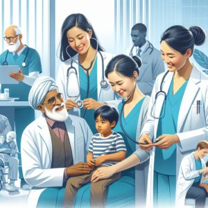 Illustration showing various medical professionals such as pediatricians, geriatricians, and general practitioners. They are depicted interacting with both young children and elderly patients in a clinical setting, symbolizing accessible and effective healthcare in 2026.