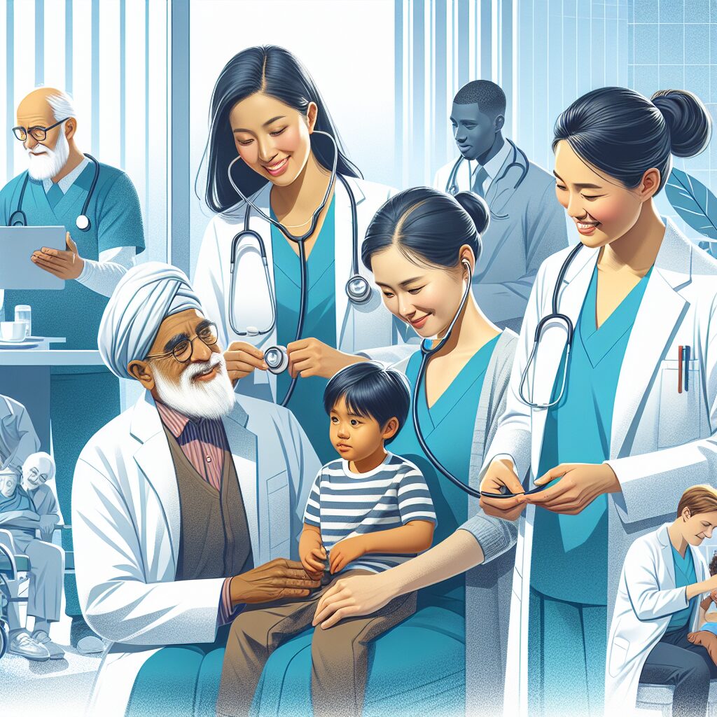 Illustration showing various medical professionals such as pediatricians, geriatricians, and general practitioners. They are depicted interacting with both young children and elderly patients in a clinical setting, symbolizing accessible and effective healthcare in 2026.