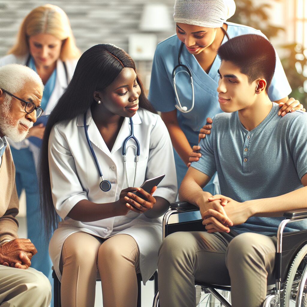 A group of diverse people in a medical setting, interacting with healthcare professionals. Some individuals have visible disabilities, such as a wheelchair or a hearing aid. The atmosphere is one of collaboration and understanding, focusing on accessible healthcare.