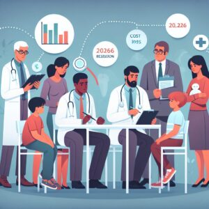 Illustration de médecins en consultation avec des patients de différentes tranches d'âge (enfants, adultes, personnes âgées), mettant en avant l'amélioration de l'accès aux soins en 2026, avec des graphiques de révision de coûts des consultations par spécialité en arrière-plan.