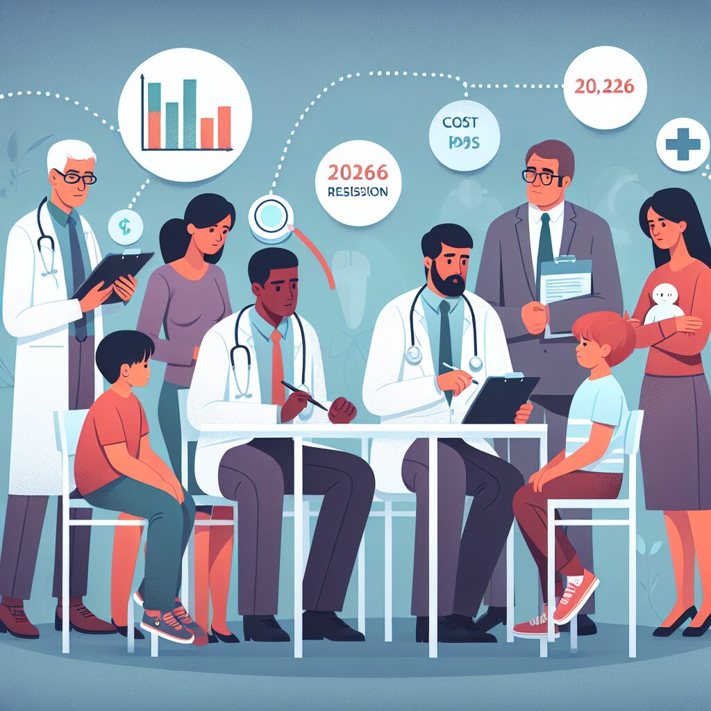 Illustration de médecins en consultation avec des patients de différentes tranches d'âge (enfants, adultes, personnes âgées), mettant en avant l'amélioration de l'accès aux soins en 2026, avec des graphiques de révision de coûts des consultations par spécialité en arrière-plan.