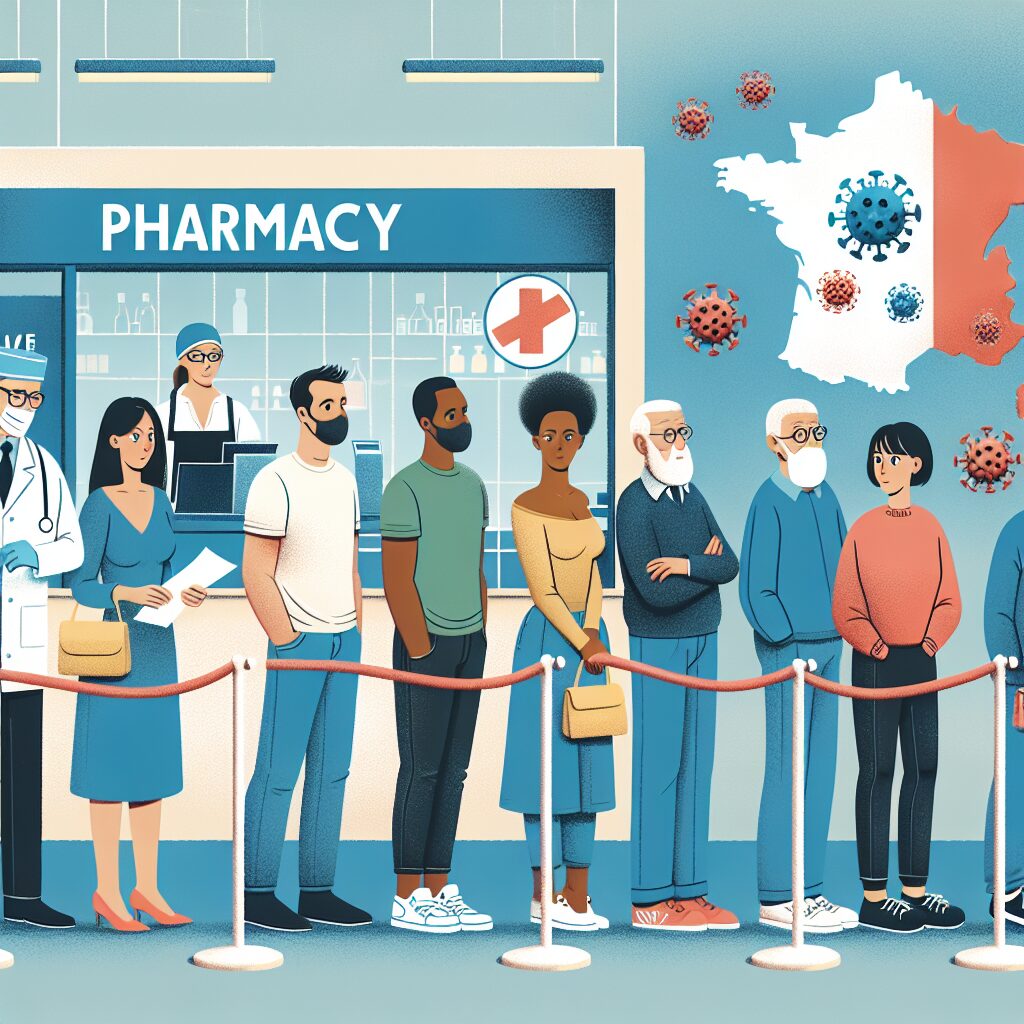 Une illustration montrant une file de personnes attendant de se faire vacciner dans une pharmacie, avec des symboles de protection contre le virus et une carte de France en arrière-plan pour indiquer la propagation.