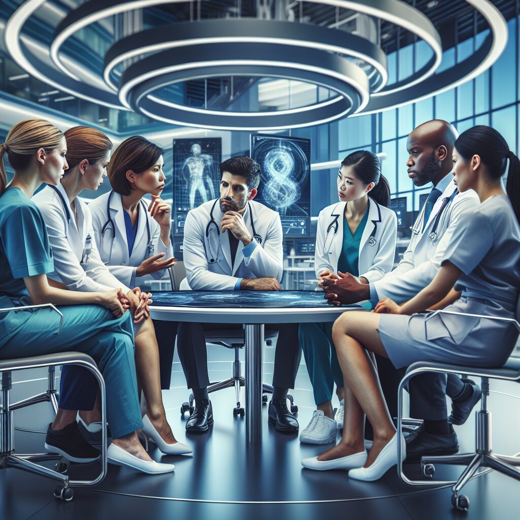 A futuristic and professional illustration of a diverse group of medical professionals discussing patient care strategies against a backdrop of a modern medical facility, symbolizing advancements in healthcare for 2026.