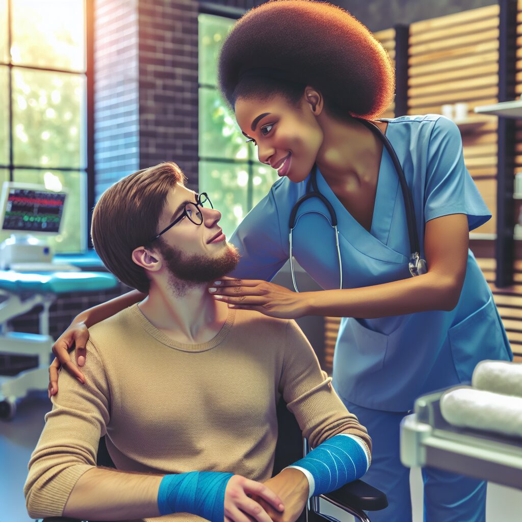 A thoughtful healthcare professional assisting a person with disabilities in a modern medical facility, highlighting inclusivity and accessibility, vibrant colors, detailed setting.