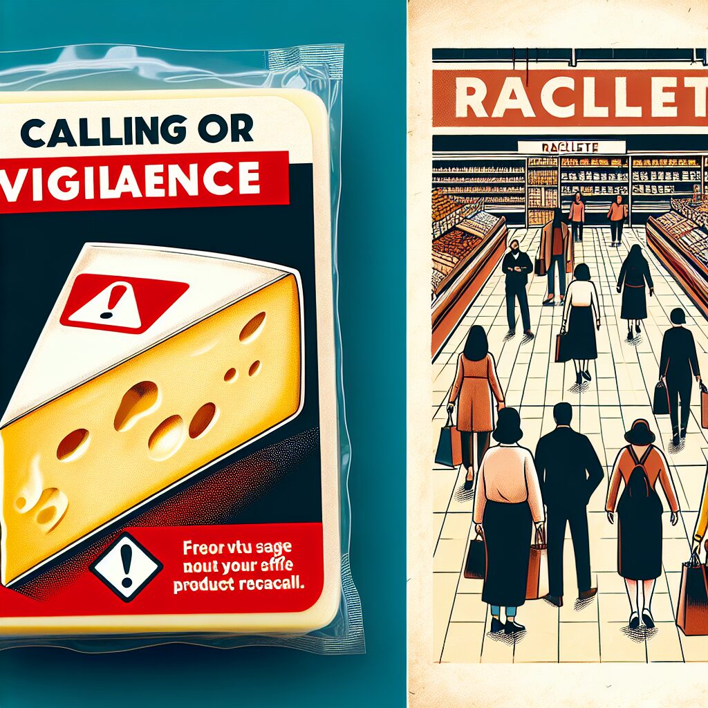 Illustration d'un fromage à raclette emballé, avec un appel à la vigilance, en arrière-plan un supermarché pour symboliser le rappel du produit.