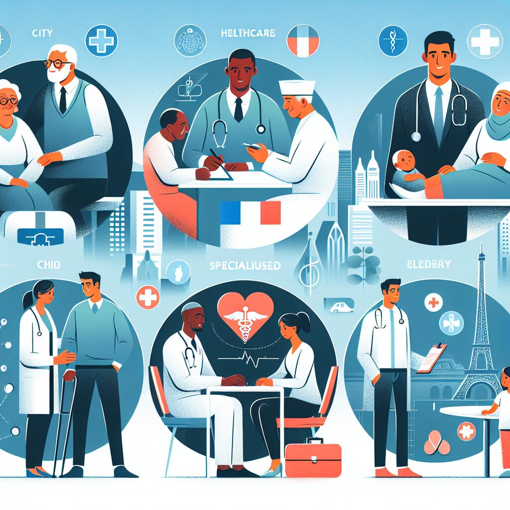 Illustration représentant des médecins et des patients engagés dans des consultations médicales modernes et diversifiées, illustrant les nouvelles mesures de santé en 2026 en France, avec des éléments symboliques de la médecine de ville et des soins spécialisés pour enfants et personnes âgées.