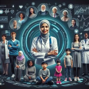 Illustration conceptuelle d'un médecin entouré de personnes de tous âges, symbolisant l'accès universel et égalitaire aux soins médicaux en 2026, avec des éléments comme des stéthoscopes, des dossiers médicaux et des graphiques positifs en arrière-plan.