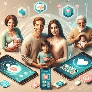 Image représentant une famille moderne entourée d'outils numériques de santé, comme des tablettes et smartphones montrant des applications pour parents, dans un environnement doux et accueillant.