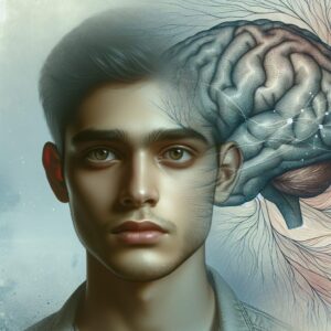 A solemn image depicting a young man in his early twenties, with a subtle background representing the brain. The scene should evoke feelings of both sadness and hope, symbolizing the tragedy of early-onset dementia and the contribution to scientific research.
