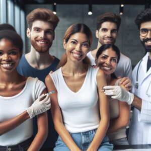 A diverse group of young adults in their early twenties, happily receiving a vaccination at a clinic. The setting is modern, clean, with a healthcare professional administering the vaccine. The people should appear relieved and protected, showcasing diversity in gender and ethnicity, symbolizing health protection and prevention.