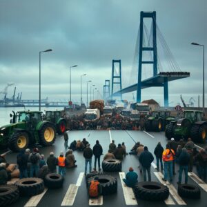 Des agriculteurs organisant une manifestation au port du Havre, bloquant un pont avec des tracteurs et des pneus, au petit matin. Ciel gris et ambiance tendue, présence d'affiches et de banderoles opposées à l'accord UE-Mercosur.