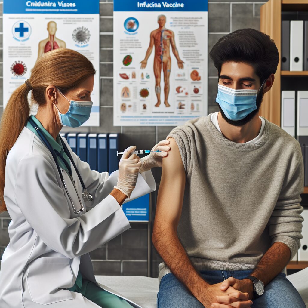 Un professionnel de santé administrant un vaccin contre la grippe à un patient d'âge moyen, dans un cadre médical moderne, montrant des affiches de sensibilisation aux maladies chroniques et aux vaccins.