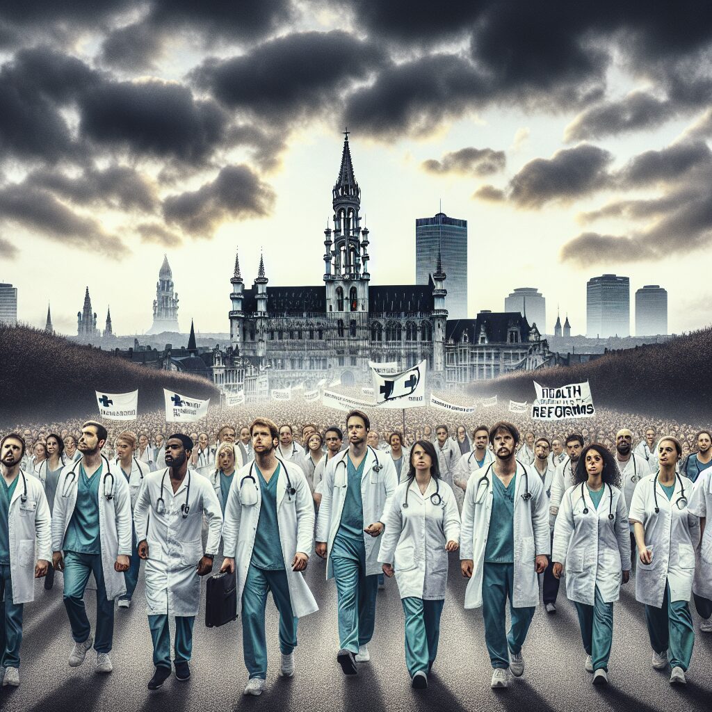 Des médecins en marche vers Bruxelles, symbolisant un exil, avec des banderoles dénonçant les réformes de la santé, sous un ciel nuageux, ambiance de protestation et détermination collective.