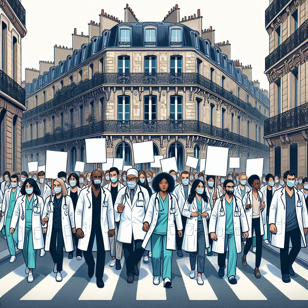 A crowd of doctors in white coats marching in a Paris street, holding signs denouncing authoritarian measures. The background is the iconic Haussmannian architecture, with a sense of movement and determination on their faces.