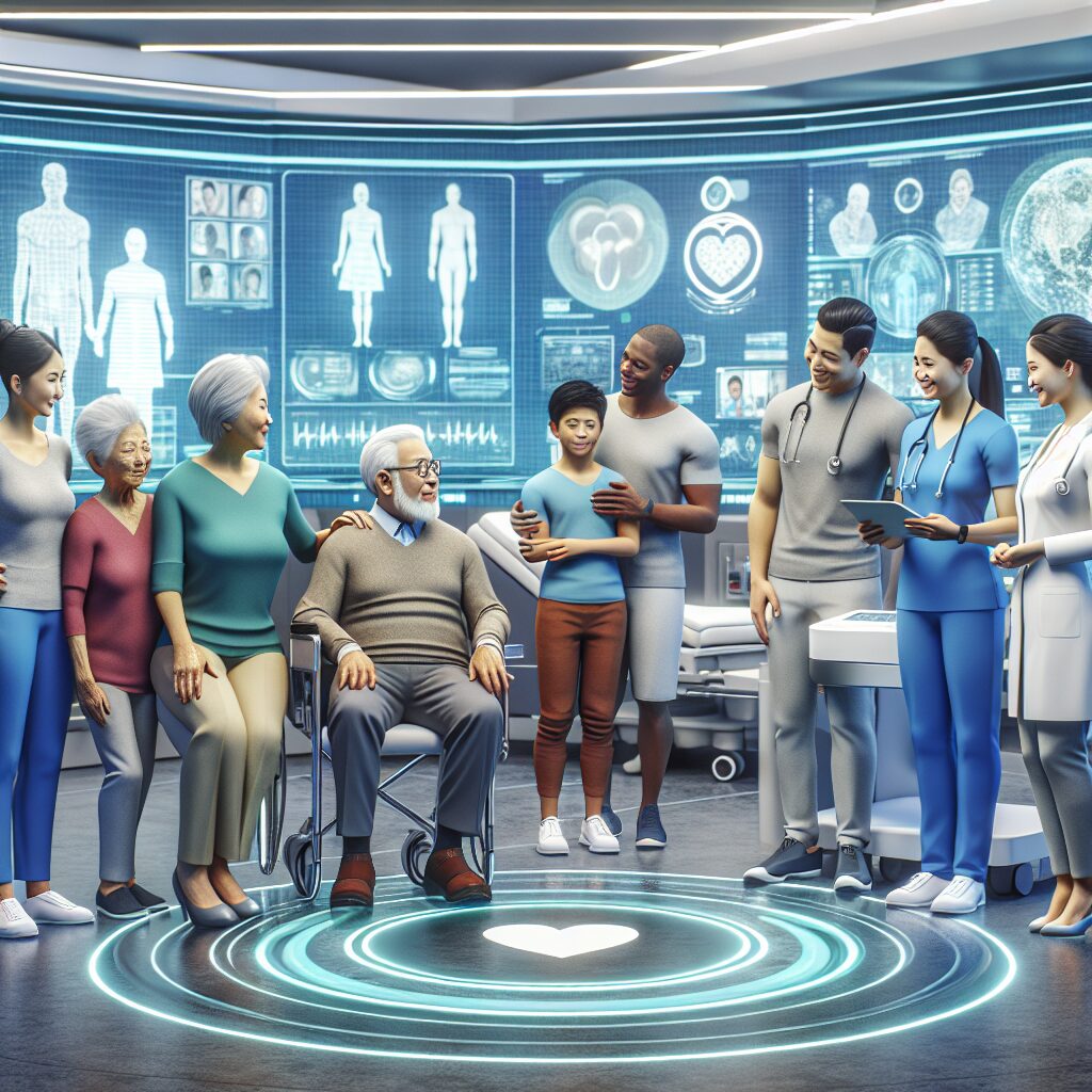 Future medical care and prevention concept showing a diverse group of people of different ages receiving medical attention, with doctors and nurses in a modern, well-equipped clinic. Include elements of new medical technology and enhanced patient care.