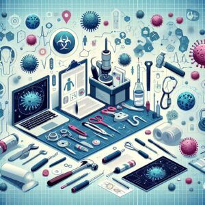 Image d'un univers de travail symbolisé par des outils professionnels mêlés à des représentations de cellules ou de symboles médicaux, illustrant le concept de maladies professionnelles.
