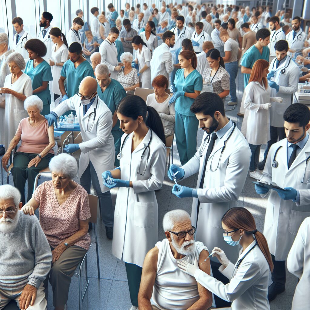 An illustration depicting a busy healthcare setting during the flu season, with healthcare professionals administering vaccines to elderly and young people in a clinic. The setting should evoke a sense of urgency and community health effort.