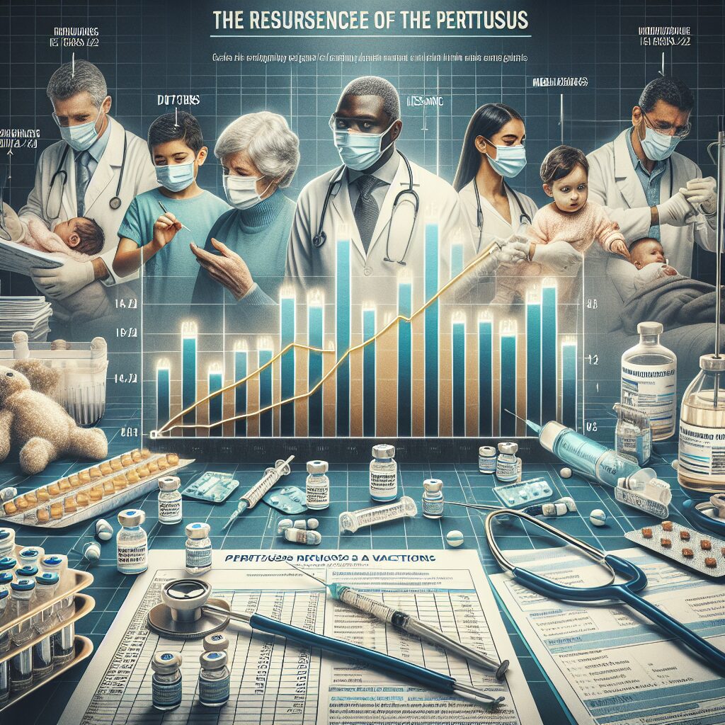 Illustration depicting the resurgence of pertussis in 2024, with graphs showing an increase in cases in France and Europe, emphasizing the importance of vaccination with a focus on infants and elderly individuals, in a medical setting.