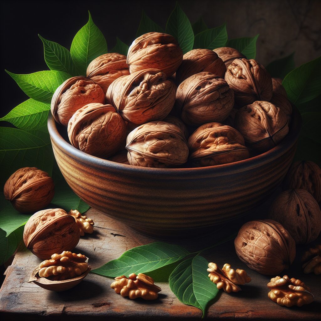 A vibrant and healthy-looking bowl filled with walnuts, showcasing their texture and earthy colors, surrounded by fresh green leaves and a rustic wooden table setting.