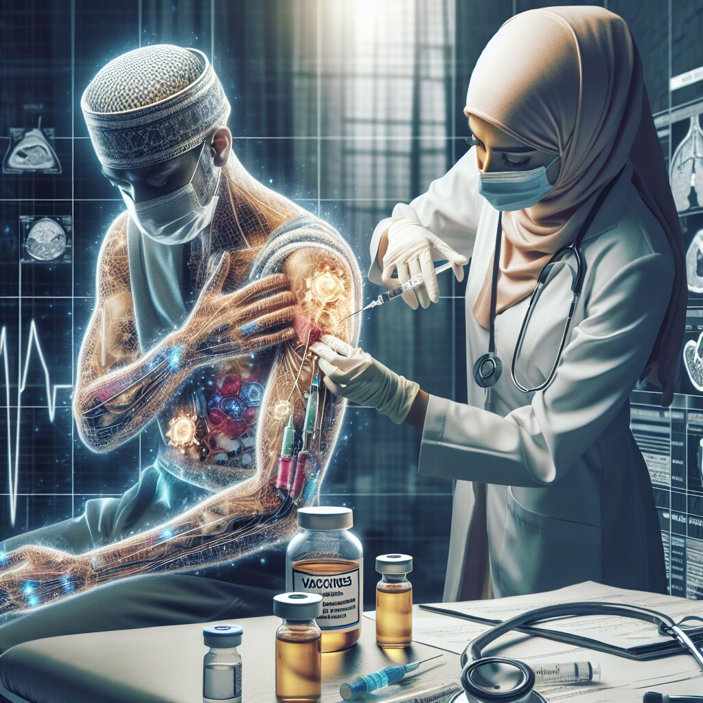 A detailed and informative image showing a healthcare professional administering a flu vaccine to a patient with a chronic illness, emphasizing the importance of vaccination in a medical setting.