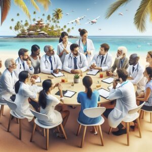A diverse group of medical and scientific experts discussing around a table, overlooking a tropical island setting, indicative of Saint-Martin or Saint-Barthélemy. The scene conveys collaborative spirit and focus on public health challenges.