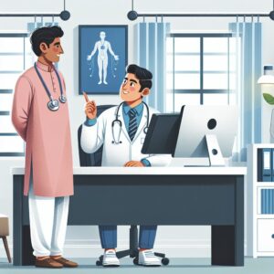 Illustration d'un patient discutant avec un médecin dans un cabinet moderne, symbolisant l'amélioration de l'accès aux soins et du suivi médical. Ajoutez des détails comme un stéthoscope, des dossiers médicaux numériques, et une ambiance accueillante et professionnelle, en mettant en évidence l'interaction positive entre le patient et le professionnel de santé.