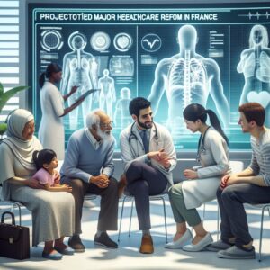 An informative image illustrating the major healthcare reforms in France for 2026, depicting doctors interacting with diverse patients of different age groups, including children and elderly people, in a clinical setting. The image should convey a sense of modern medical practice, accessibility, and care improvement.