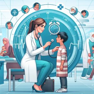 Illustration d'un médecin consultant un jeune enfant avec un stéthoscope, accompagnée d'une horloge symbolisant l'évolution des soins dans une clinique moderne, avec des éléments graphiques représentant différentes étapes de la vie humaine.