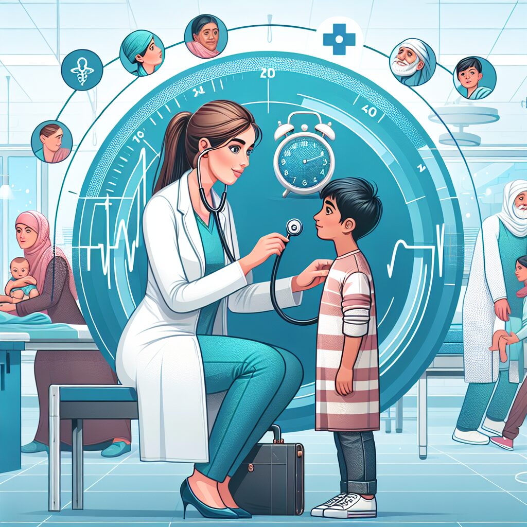 Illustration d'un médecin consultant un jeune enfant avec un stéthoscope, accompagnée d'une horloge symbolisant l'évolution des soins dans une clinique moderne, avec des éléments graphiques représentant différentes étapes de la vie humaine.