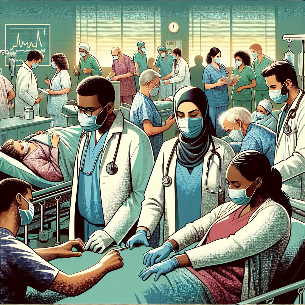 An illustration showing a busy hospital emergency room during a flu epidemic, with doctors and nurses attending to patients, some wearing masks. The atmosphere is tense but professional, capturing the urgency and care during a health crisis.